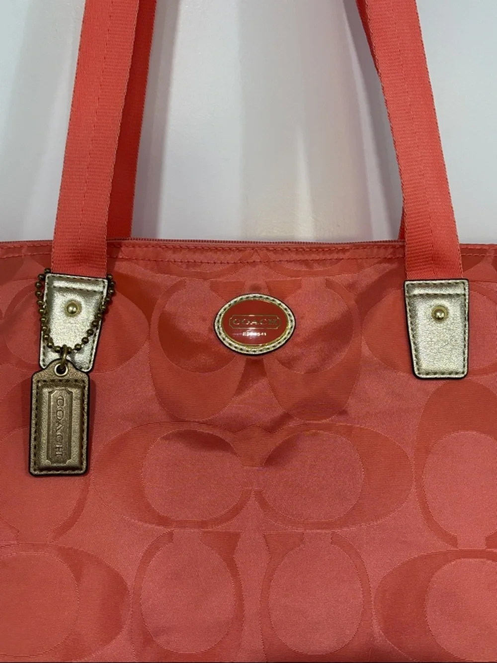 Coach Coral Signature C’s  Jacquard Tote with Gold Hang Tag & Accents - Picture 2 of 11